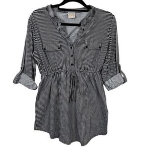 Sirenlily Black and White Striped Maternity Top Rolled Sleeve Tie‎ Waist Medium